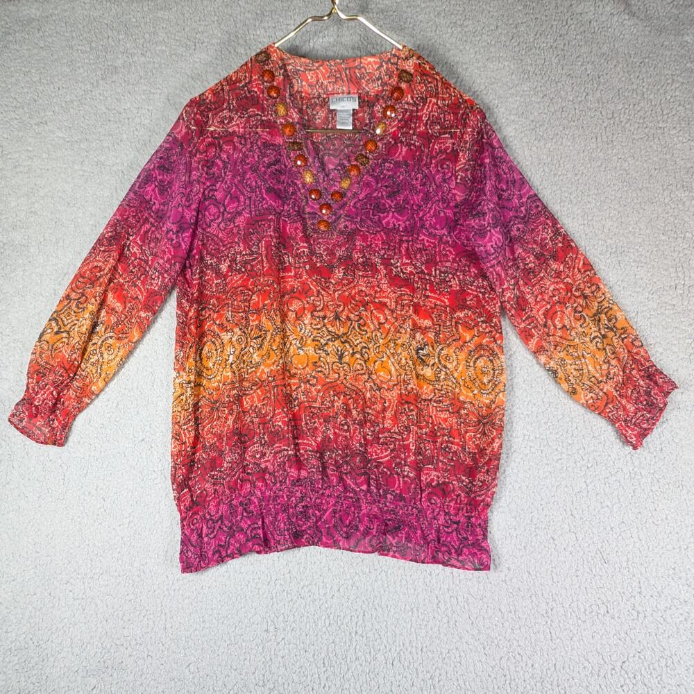 Chicos Blouse Womens Chicos Size 0 Small Orange Paisley Blouse Beaded Collar